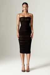 Justina Ruched Organza Mesh Midi Dress (Black)