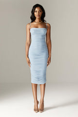 Justina Ruched Organza Mesh Midi Dress (Soft Blue)