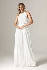 Fadia Chiffon Wide Leg Belted Jumpsuit (Off White)