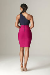 Ira One Shoulder Two Tone Bandage Mini Dress (Navy Blue & Fuchsia)