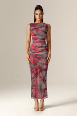 Ingrid Mesh Ruched Maxi Dress (Hibiscus Floral)