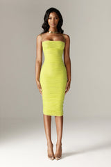 Justina Ruched Organza Mesh Midi Dress (Lime)