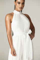 Fadia Chiffon Wide Leg Belted Jumpsuit (Off White)