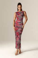 Ingrid Mesh Ruched Maxi Dress (Hibiscus Floral)