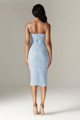Justina Ruched Organza Mesh Midi Dress (Soft Blue)