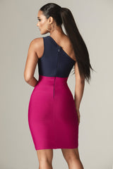 Ira One Shoulder Two Tone Bandage Mini Dress (Navy Blue & Fuchsia)