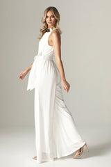 Fadia Chiffon Wide Leg Belted Jumpsuit (Off White)