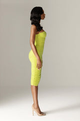 Justina Ruched Organza Mesh Midi Dress (Lime)