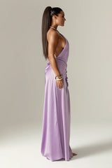Adela 3D Flowers Thigh Slit Maxi Dress (Pastel Lilac)