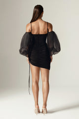 Kimberley Organza Puff Sleeves Mini Dress (Black)