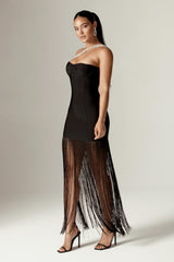 Catia Rhinestone Bandage Fringe Trim Maxi Dress (Black)