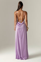 Adela 3D Flowers Thigh Slit Maxi Dress (Pastel Lilac)