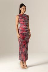 Ingrid Mesh Ruched Maxi Dress (Hibiscus Floral)