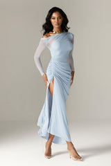 Dua Organza Ruched Mesh Long Sleeve Cut Out Maxi Dress (Soft Blue)