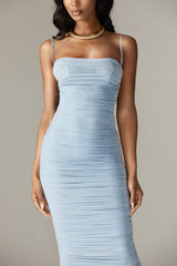 Justina Ruched Organza Mesh Midi Dress (Soft Blue)