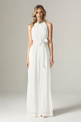 Fadia Chiffon Wide Leg Belted Jumpsuit (Off White)