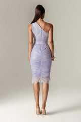Fatima Lace Ruched Midi Dress (Pastel Lilac)
