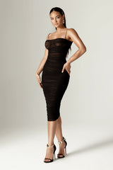 Justina Ruched Organza Mesh Midi Dress (Black)