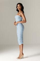 Justina Ruched Organza Mesh Midi Dress (Soft Blue)