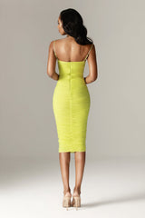 Justina Ruched Organza Mesh Midi Dress (Lime)