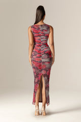 Ingrid Mesh Ruched Maxi Dress (Hibiscus Floral)