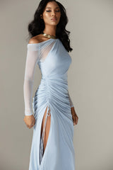 Dua Organza Ruched Mesh Long Sleeve Cut Out Maxi Dress (Soft Blue)