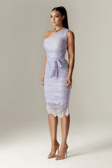 Fatima Lace Ruched Midi Dress (Pastel Lilac)