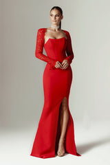 Veva Guipure Lace Corset Maxi Dress (Red)