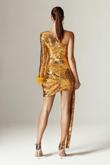 Misty Sequin One Shoulder Mini Dress (Gold)
