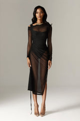 Tara Ruched Midi Beach Dress (Black)