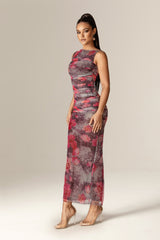 Ingrid Mesh Ruched Maxi Dress (Hibiscus Floral)
