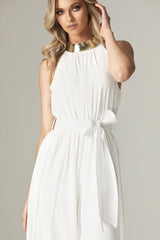 Fadia Chiffon Wide Leg Belted Jumpsuit (Off White)