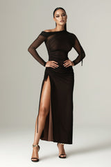 Dua Organza Ruched Mesh Cut Out Maxi Dress (Black)