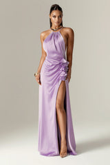 Adela 3D Flowers Thigh Slit Maxi Dress (Pastel Lilac)