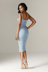 Justina Ruched Organza Mesh Midi Dress (Soft Blue)
