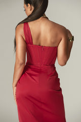 Harper Corset Satin Midi Dress (Maroon)