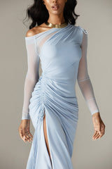 Dua Organza Ruched Mesh Long Sleeve Cut Out Maxi Dress (Soft Blue)