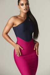 Ira One Shoulder Two Tone Bandage Mini Dress (Navy Blue & Fuchsia)