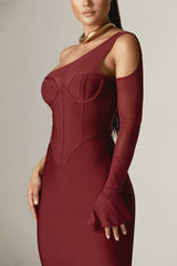 Naomi Mesh Bandage Midi Dress (Burgundy)