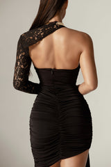 Elena Modern Ruched One Shoulder Mini Dress (Black)
