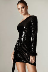 Misty Sequin One Shoulder Mini Dress (Black)