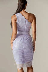 Fatima Lace Ruched Midi Dress (Pastel Lilac)