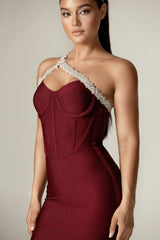 Diva Rhinestone Bandage Midi Dress (Burgundy)