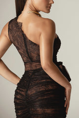 Fatima Lace Ruched Midi Dress (Brown)