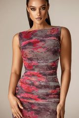 Ingrid Mesh Ruched Maxi Dress (Hibiscus Floral)