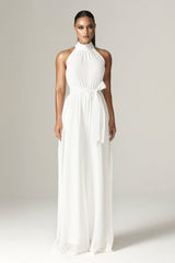 Fadia Chiffon Wide Leg Belted Jumpsuit (Off White)