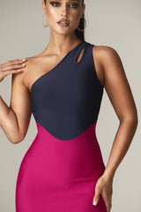 Ira One Shoulder Two Tone Bandage Mini Dress (Navy Blue & Fuchsia)
