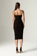 Justina Ruched Organza Mesh Midi Dress (Black)