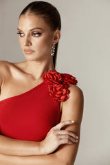 Beatrice 3D Flowers Midi Bandage Dress (Ruby)