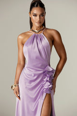 Adela 3D Flowers Thigh Slit Maxi Dress (Pastel Lilac)